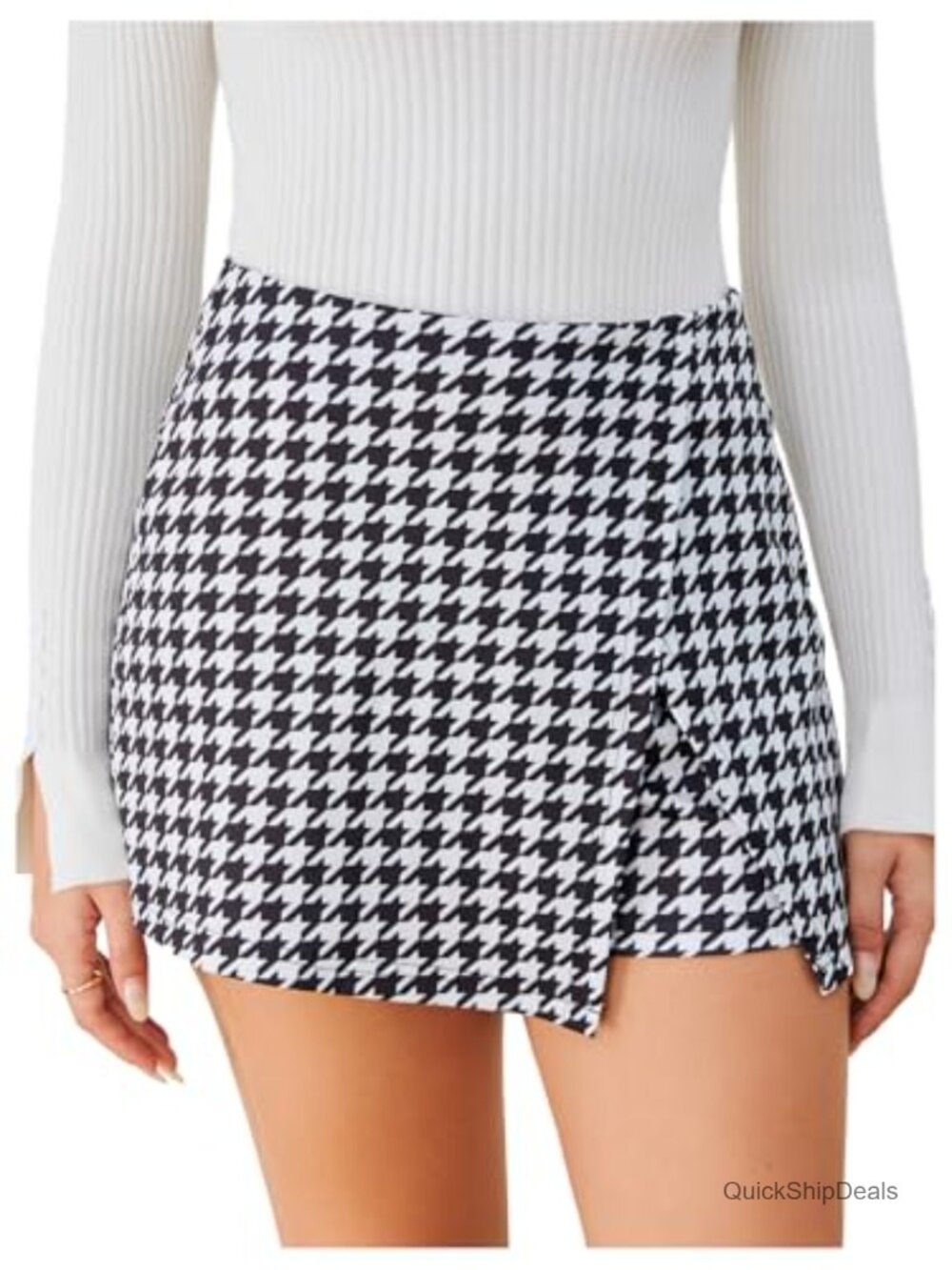 Asymmetrical Wrap Skort High Waisted Slit Hem Stretch Checkered